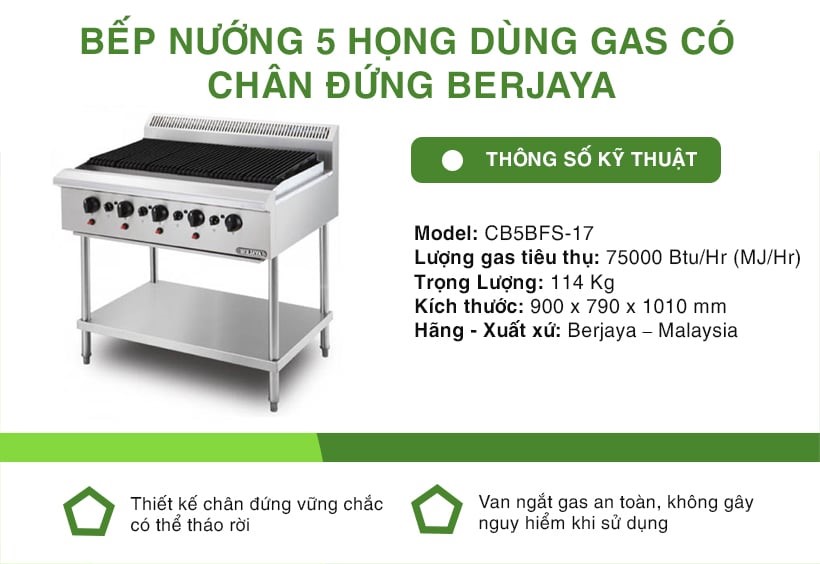 Bếp nướng dùng gas có chân đứng thương hiệu Berjaya CB5BFS-17 thông số