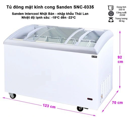 Tủ đông 5 kệ kính cong Snc-0355 Sanden intercool kích thước
